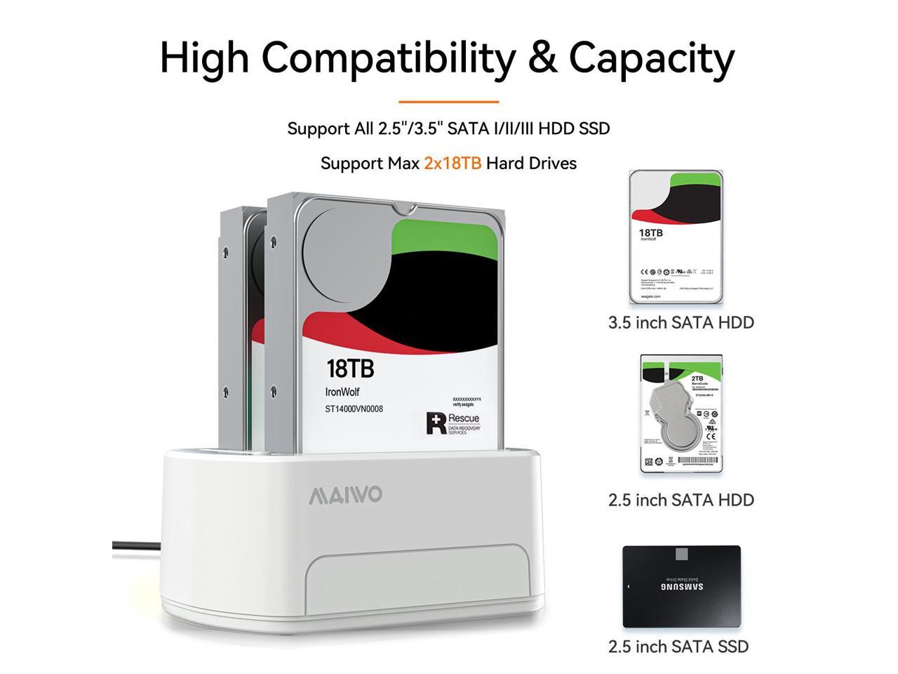 Station d'accueil SATA vers USB 3.0 double baie pour disque dur SATA HDD et SSD 2,5/3,5", fonction de clonage et de duplicateur hors ligne, max 2 x 16 To - Blanc-K3062