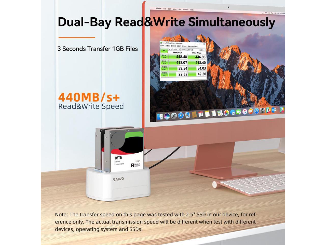 Station d'accueil SATA vers USB 3.0 double baie pour disque dur SATA HDD et SSD 2,5/3,5", fonction de clonage et de duplicateur hors ligne, max 2 x 16 To - Blanc-K3062