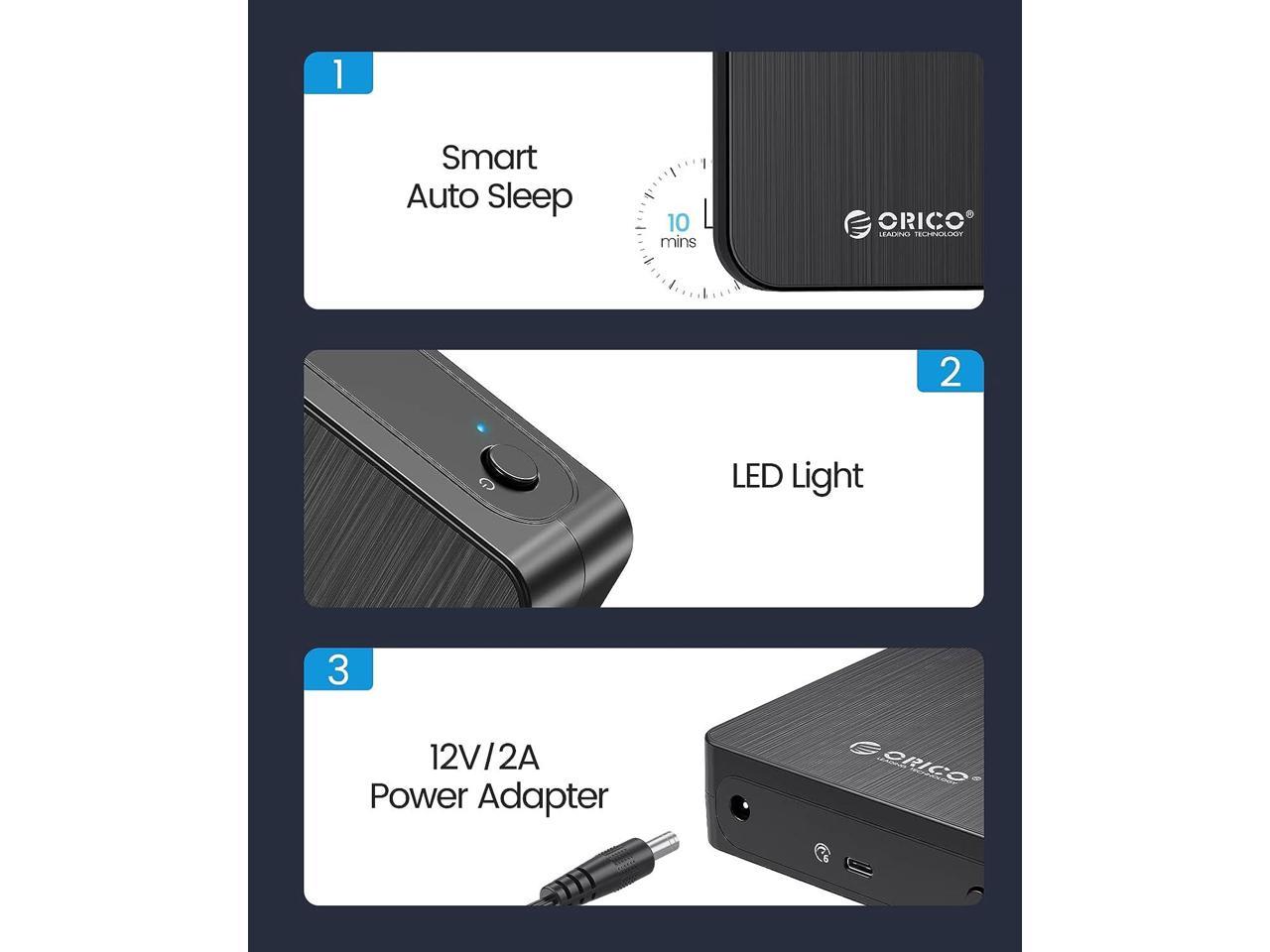 ORICO Boîtier de disque dur 3,5'' USB C 3.1 vers SATA 6 Gbps pour disque dur SSD 2,5/3,5 Boîtier de disque dur externe jusqu'à 18 To avec UASP sans outil (HM35C)3