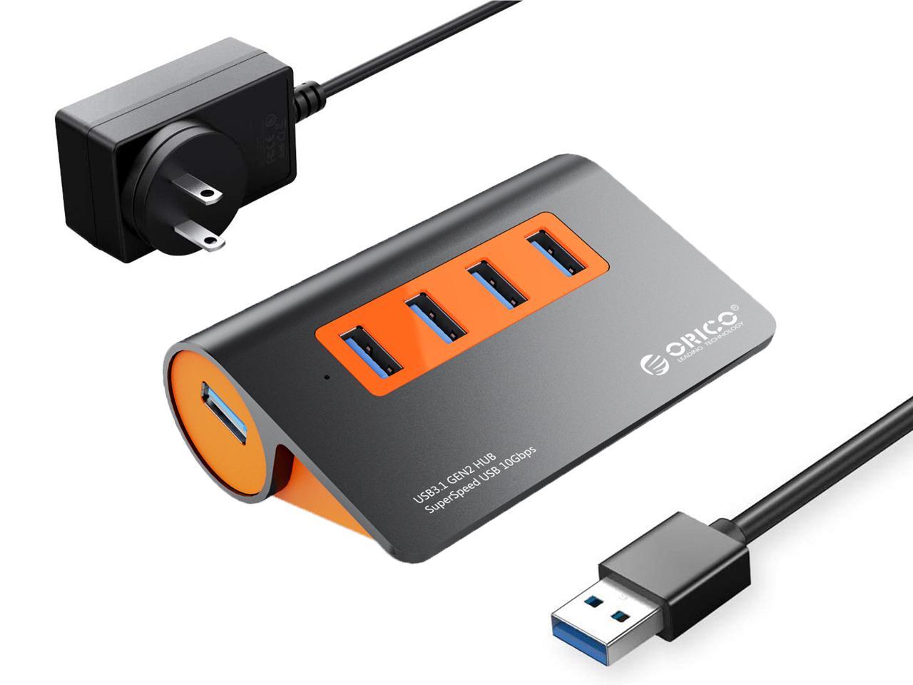 ORICO Hub USB 3.1 alimenté, hub de données USB à 4 ports en aluminium, répartiteur USB super rapide 10 Gbit/s avec adaptateur d'alimentation 12 V et câble de données de 1 m pour ordinateur de bureau, ordinateur portable et plus (M3H4-G2)