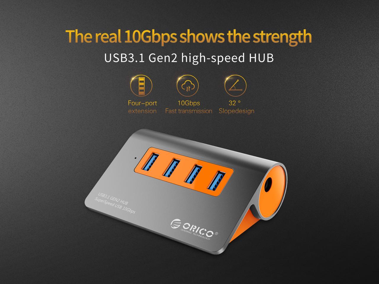 ORICO Hub USB 3.1 alimenté, hub de données USB à 4 ports en aluminium, répartiteur USB super rapide 10 Gbit/s avec adaptateur d'alimentation 12 V et câble de données de 1 m pour ordinateur de bureau, ordinateur portable et plus (M3H4-G2)