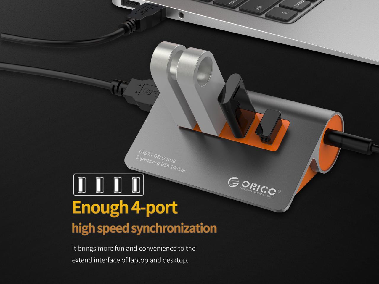 ORICO Hub USB 3.1 alimenté, hub de données USB à 4 ports en aluminium, répartiteur USB super rapide 10 Gbit/s avec adaptateur d'alimentation 12 V et câble de données de 1 m pour ordinateur de bureau, ordinateur portable et plus (M3H4-G2)