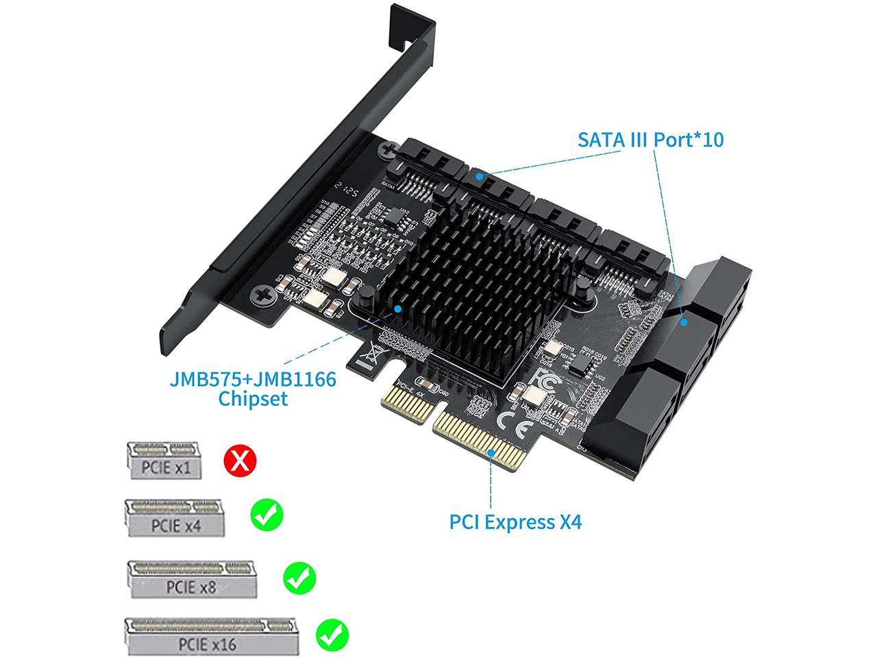 TROPRO Carte PCIe SATA 10 ports avec 6 câbles SATA et 2 câbles répartiteurs d'alimentation SATA, carte d'extension de contrôleur SATA avec support de profil standard, carte contrôleur hôte 6 Gbps PCIe vers SATA 3.0 PCI-E X4