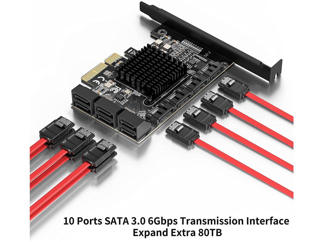 TROPRO Carte PCIe SATA 10 ports avec 6 câbles SATA et 2 câbles répartiteurs d'alimentation SATA, carte d'extension de contrôleur SATA avec support de profil standard, carte contrôleur hôte 6 Gbps PCIe vers SATA 3.0 PCI-E X4