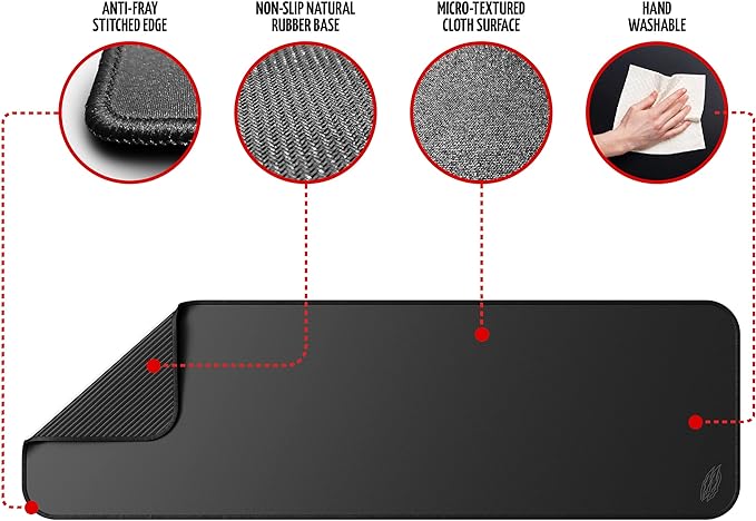 Wraptor Tapis de souris de jeu extra large XL noir 36 x 12 avec bords cousus – Tapis de bureau pour ordinateur portable, ordinateur et PC – Antidérapant (XL étendu)