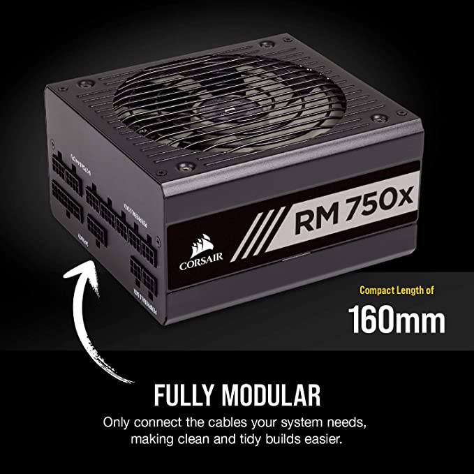 Corsair Série RMX RM750x, 750 W, 80+ Gold Certifié, alimentation entièrement modulaire (faible bruit, mode ventilateur zéro tr/min, condensateurs 105 °C, câbles entièrement modulaires, taille compacte) Noir