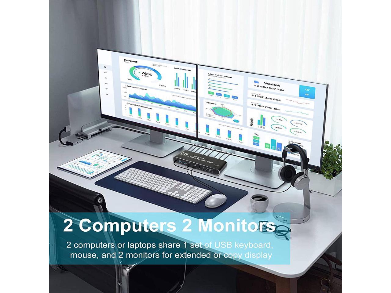 Commutateur KVM USB 3.0 2x2 2 moniteurs 2 ordinateurs 2 entrées 2 sorties, commutateurs KVM HDMI double moniteur 2 ports avec audio, clavier vidéo souris périphériques commutateur KVM prise en charge UHD 4K @ 60Hz, concentrateur USB 3.0, raccourci clavier