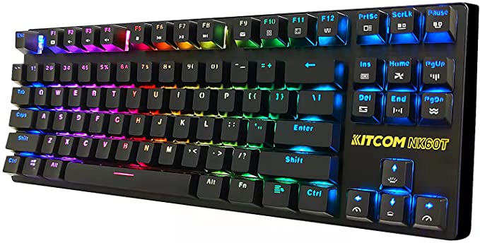 Kitcom TKL NK60T Clavier mécanique de jeu avec interrupteur RVB marron 87 touches, rétroéclairé par touche double coupe, touches ABS programmable, macro amovible, câble de type C, clavier filaire silencieux pour ordinateur portable Windows NK60T