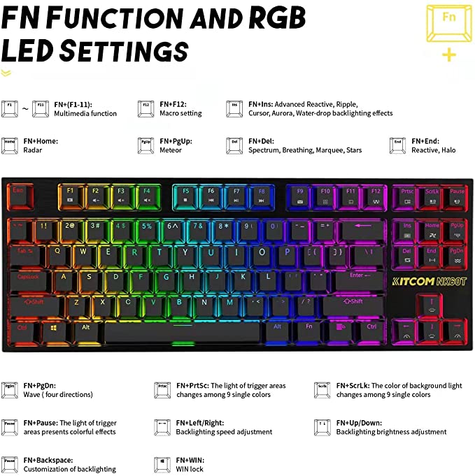 Kitcom TKL NK60T Clavier mécanique de jeu avec interrupteur RVB marron 87 touches, rétroéclairé par touche double coupe, touches ABS programmable, macro amovible, câble de type C, clavier filaire silencieux pour ordinateur portable Windows NK60T