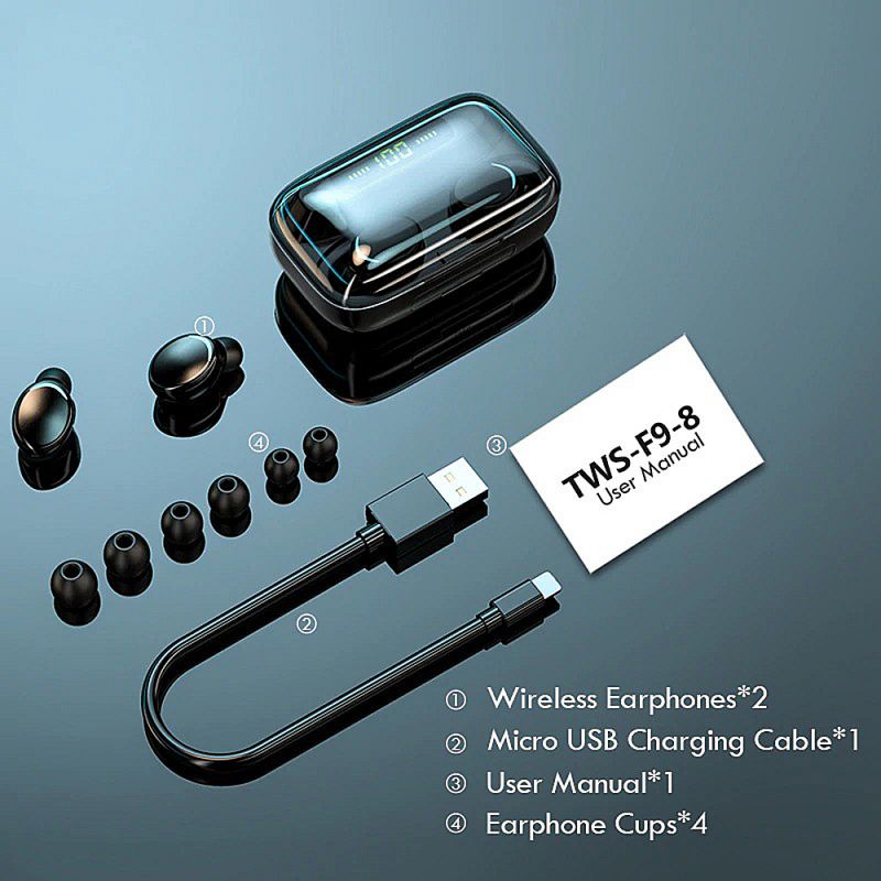 Écouteurs sans fil TWS F9-8 Bluetooth 5.0 Écouteurs à affichage LED 9D Stéréo Sport Musique Casque étanche - Noir