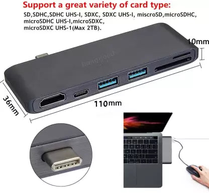 Microware Adaptateur HUB USB Type C vers HDMI 4K USB-C avec lecteur de carte SD/Micro SD, ports USB 3.0 Port d'alimentation Combo Type - C Lecteur de carte HD4K et hub USB HUB (Argent)