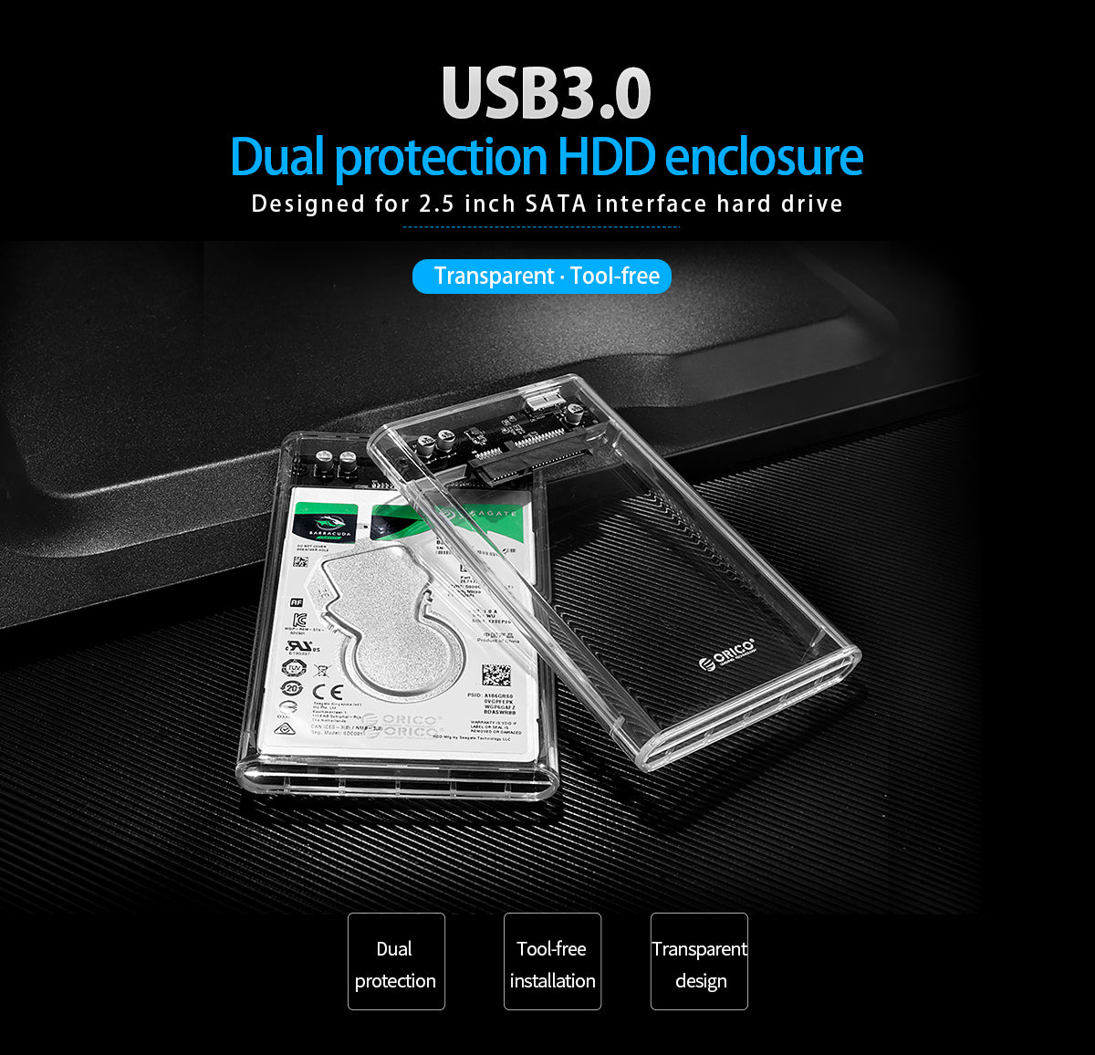 ORICO 2139U3-CR Transparent 2,5 pouces SATA USB3.0 5Gbps HDD boîtier de