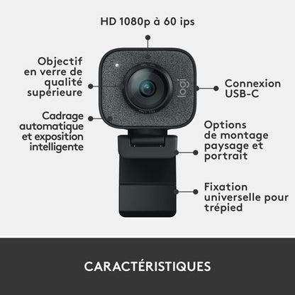 Caméra Web HD intégrale 1080p StreamCam Plus de Logitech - Graphite