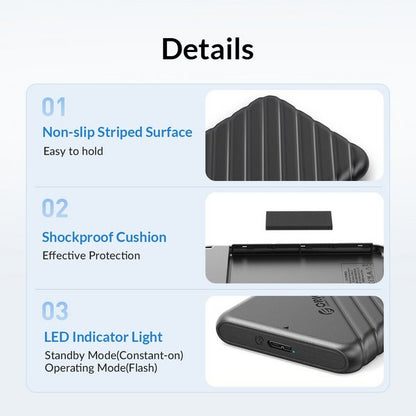 ORICO 25PW1-U3 Boîtier de disque dur externe 2,5" avec connexion Micro-B vers USB (Noir)