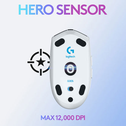 Logitech G 305 LIGHTSPEED Souris de jeu sans fil, capteur Hero 12K, 12 000 DPI, légère, 6 boutons programmables, autonomie de 250 h, mémoire intégrée, PC/Mac, blanc