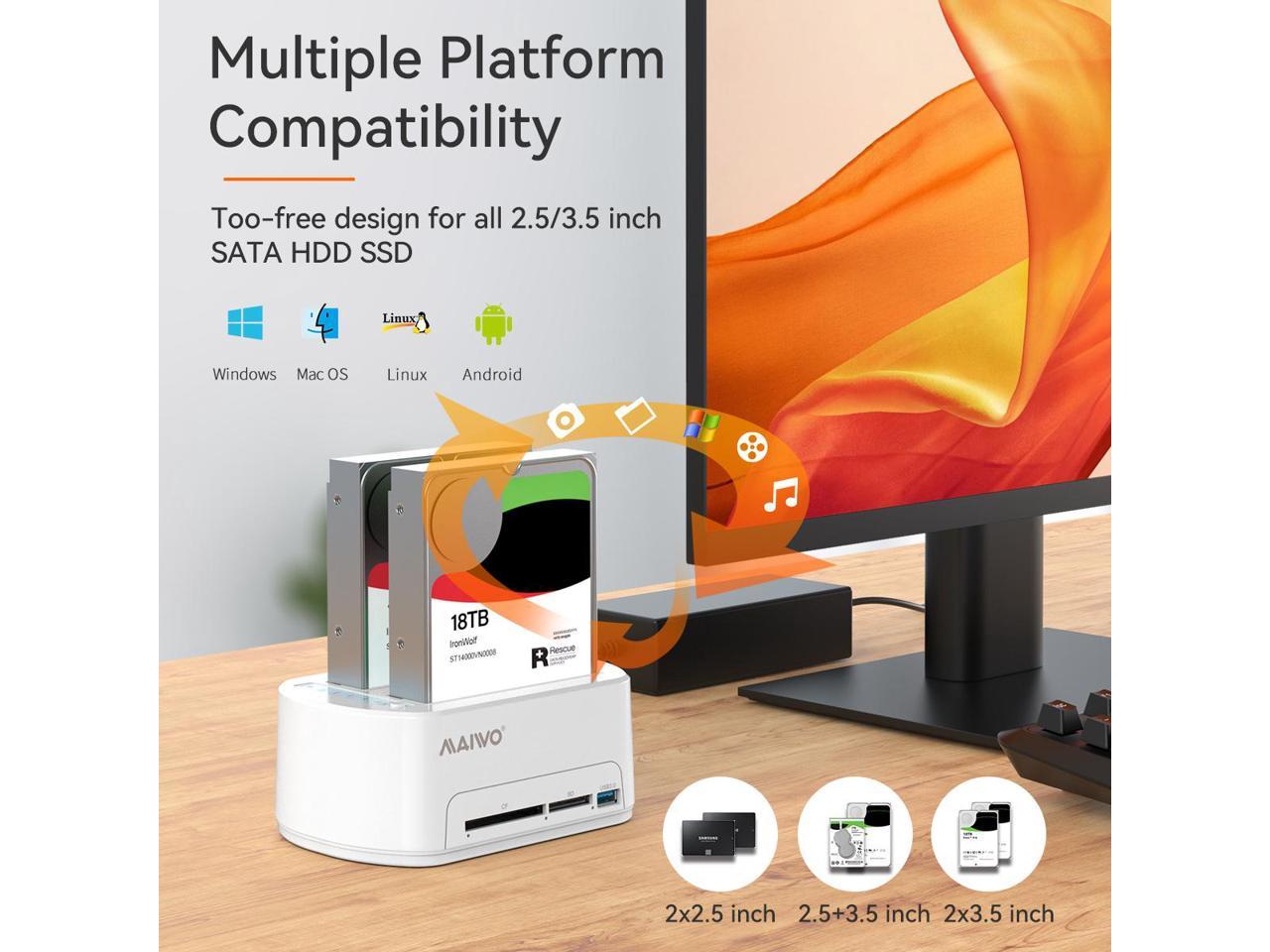 Station d'accueil pour disque dur SATA vers USB 3.0 double baie pour disque dur SATA 2,5"/3,5", avec 3 ports USB 3.0, prise en charge de la fonction de duplicateur de clone hors ligne – Blanc – K3062H