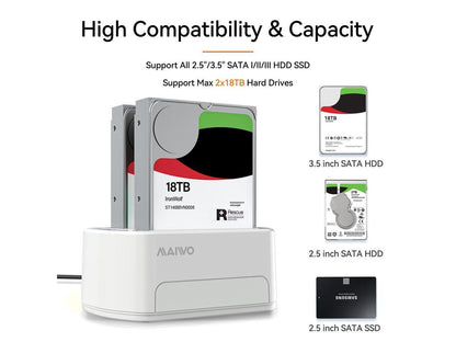 Station d'accueil SATA vers USB 3.0 double baie pour disque dur SATA HDD et SSD 2,5/3,5", fonction de clonage et de duplicateur hors ligne, max 2 x 16 To - Blanc-K3062