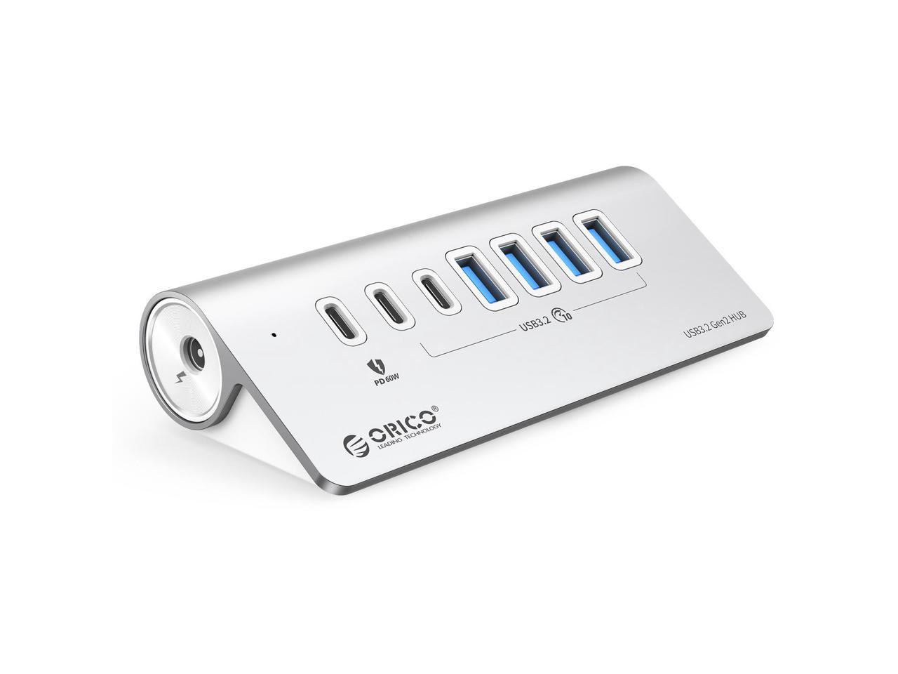 ORICO Hub USB 7 ports USB 3.2 Gen 2 alimenté 10 Gbit/s, hub en aluminium avec 6 ports de données USB 3.2, 1 port de charge PD 60 W, adaptateur d'alimentation 24 V 3 A, câble C vers C de 1,64 pi et adaptateur USB-A [M3U4C3-G2-10]