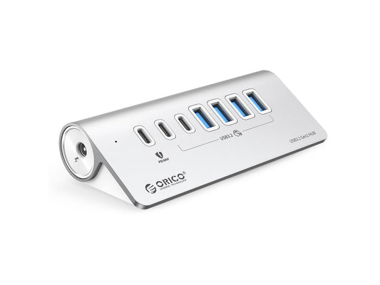 ORICO Hub USB 7 ports USB 3.2 Gen 2 alimenté 10 Gbit/s, hub en aluminium avec 6 ports de données USB 3.2, 1 port de charge PD 60 W, adaptateur d'alimentation 24 V 3 A, câble C vers C de 1,64 pi et adaptateur USB-A [M3U4C3-G2-10]