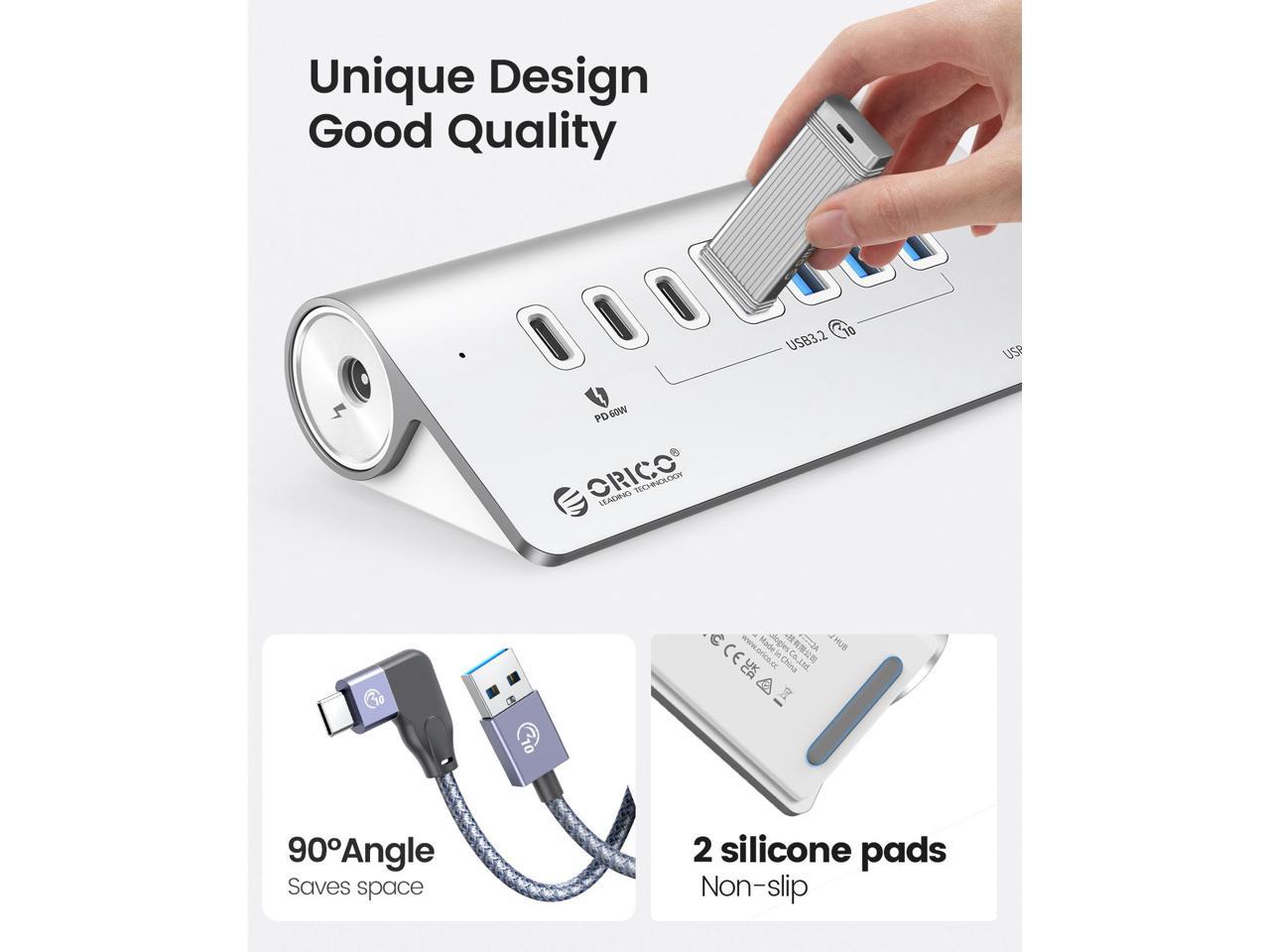 ORICO Hub USB 7 ports USB 3.2 Gen 2 alimenté 10 Gbit/s, hub en aluminium avec 6 ports de données USB 3.2, 1 port de charge PD 60 W, adaptateur d'alimentation 24 V 3 A, câble C vers C de 1,64 pi et adaptateur USB-A [M3U4C3-G2-10]