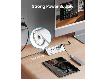 ORICO Hub USB 7 ports USB 3.2 Gen 2 alimenté 10 Gbit/s, hub en aluminium avec 6 ports de données USB 3.2, 1 port de charge PD 60 W, adaptateur d'alimentation 24 V 3 A, câble C vers C de 1,64 pi et adaptateur USB-A [M3U4C3-G2-10]