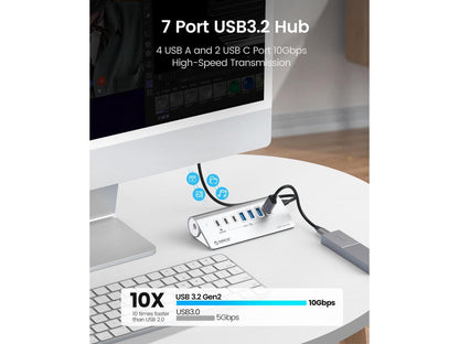 ORICO Hub USB 7 ports USB 3.2 Gen 2 alimenté 10 Gbit/s, hub en aluminium avec 6 ports de données USB 3.2, 1 port de charge PD 60 W, adaptateur d'alimentation 24 V 3 A, câble C vers C de 1,64 pi et adaptateur USB-A [M3U4C3-G2-10]