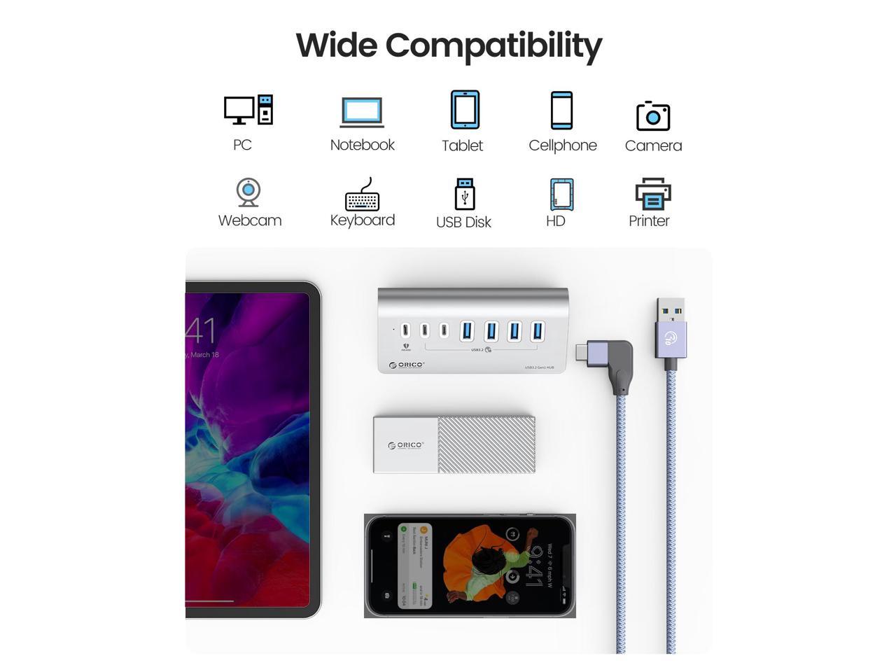 ORICO Hub USB 7 ports USB 3.2 Gen 2 alimenté 10 Gbit/s, hub en aluminium avec 6 ports de données USB 3.2, 1 port de charge PD 60 W, adaptateur d'alimentation 24 V 3 A, câble C vers C de 1,64 pi et adaptateur USB-A [M3U4C3-G2-10]