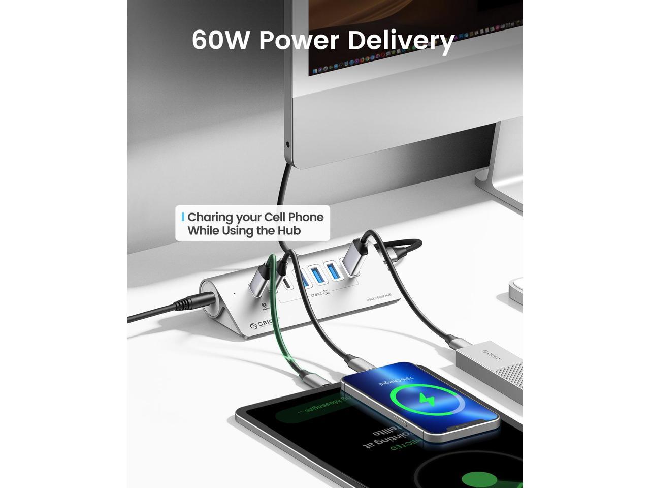ORICO Hub USB 7 ports USB 3.2 Gen 2 alimenté 10 Gbit/s, hub en aluminium avec 6 ports de données USB 3.2, 1 port de charge PD 60 W, adaptateur d'alimentation 24 V 3 A, câble C vers C de 1,64 pi et adaptateur USB-A [M3U4C3-G2-10]