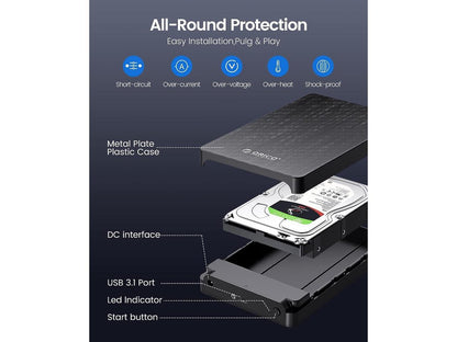 ORICO Boîtier de disque dur 3,5'' USB C 3.1 vers SATA 6 Gbps pour disque dur SSD 2,5/3,5 Boîtier de disque dur externe jusqu'à 18 To avec UASP sans outil (HM35C)3