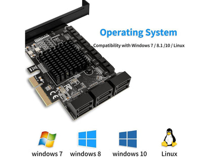 TROPRO Carte PCIe SATA 10 ports avec 6 câbles SATA et 2 câbles répartiteurs d'alimentation SATA, carte d'extension de contrôleur SATA avec support de profil standard, carte contrôleur hôte 6 Gbps PCIe vers SATA 3.0 PCI-E X4