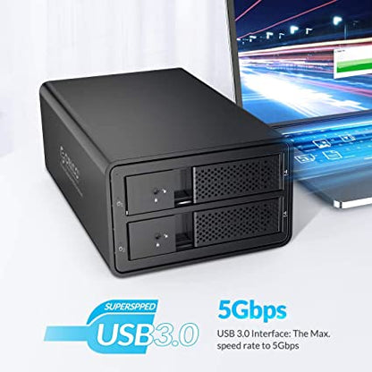 ORICO Boîtier de disque dur externe 2 baies USB 3.0 vers SATA 3,5" - Prend en charge 32 To (2 x 16 To) - En alliage d'aluminium - Adaptateur 36 W - Stockage de données UASP