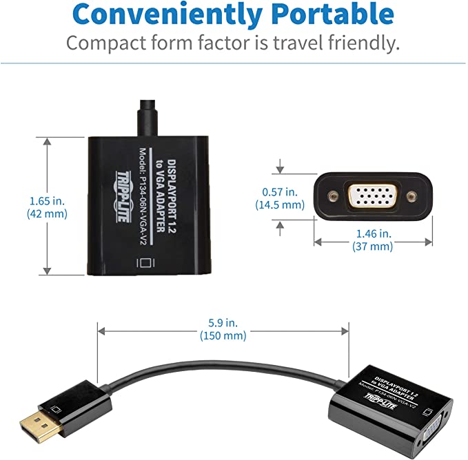 Tripp Lite Adaptateur de câble DisplayPort vers VGA Active DP 1.2, DP vers HD15 (M/F), 1080p, DP2VGA, 15,2 cm (P134-06N-VGA-V2), noir