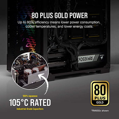 Corsair Série RMX RM750x, 750 W, 80+ Gold Certifié, alimentation entièrement modulaire (faible bruit, mode ventilateur zéro tr/min, condensateurs 105 °C, câbles entièrement modulaires, taille compacte) Noir