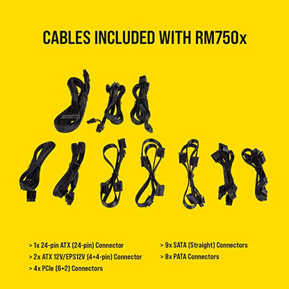 Corsair Série RMX RM750x, 750 W, 80+ Gold Certifié, alimentation entièrement modulaire (faible bruit, mode ventilateur zéro tr/min, condensateurs 105 °C, câbles entièrement modulaires, taille compacte) Noir