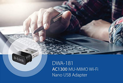 D-Link AC1300 MU-MIMO Adaptateur Nano USB Wi-Fi ultra mini (20,2 mm x 14,9 mm) double bande 2,4 G/5G sans fil pour PC ou ordinateur portable, Plug and Play, installation facile, mise à niveau de votre WiFi (DWA-181)