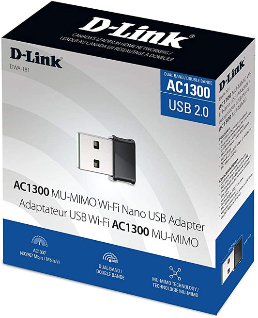 D-Link AC1300 MU-MIMO Adaptateur Nano USB Wi-Fi ultra mini (20,2 mm x 14,9 mm) double bande 2,4 G/5G sans fil pour PC ou ordinateur portable, Plug and Play, installation facile, mise à niveau de votre WiFi (DWA-181)