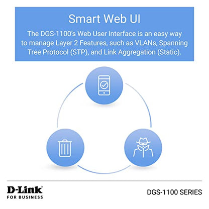 D-Link Commutateur de bureau intelligent à 8 ports Gigabit géré - Fonctionnalités 2 couches - VLAN - Diagnostic de câble - Compact, sans ventilateur - Fonctionnalités d'économie d'énergie - Smart Web GUI (DGS-1100-08V2)