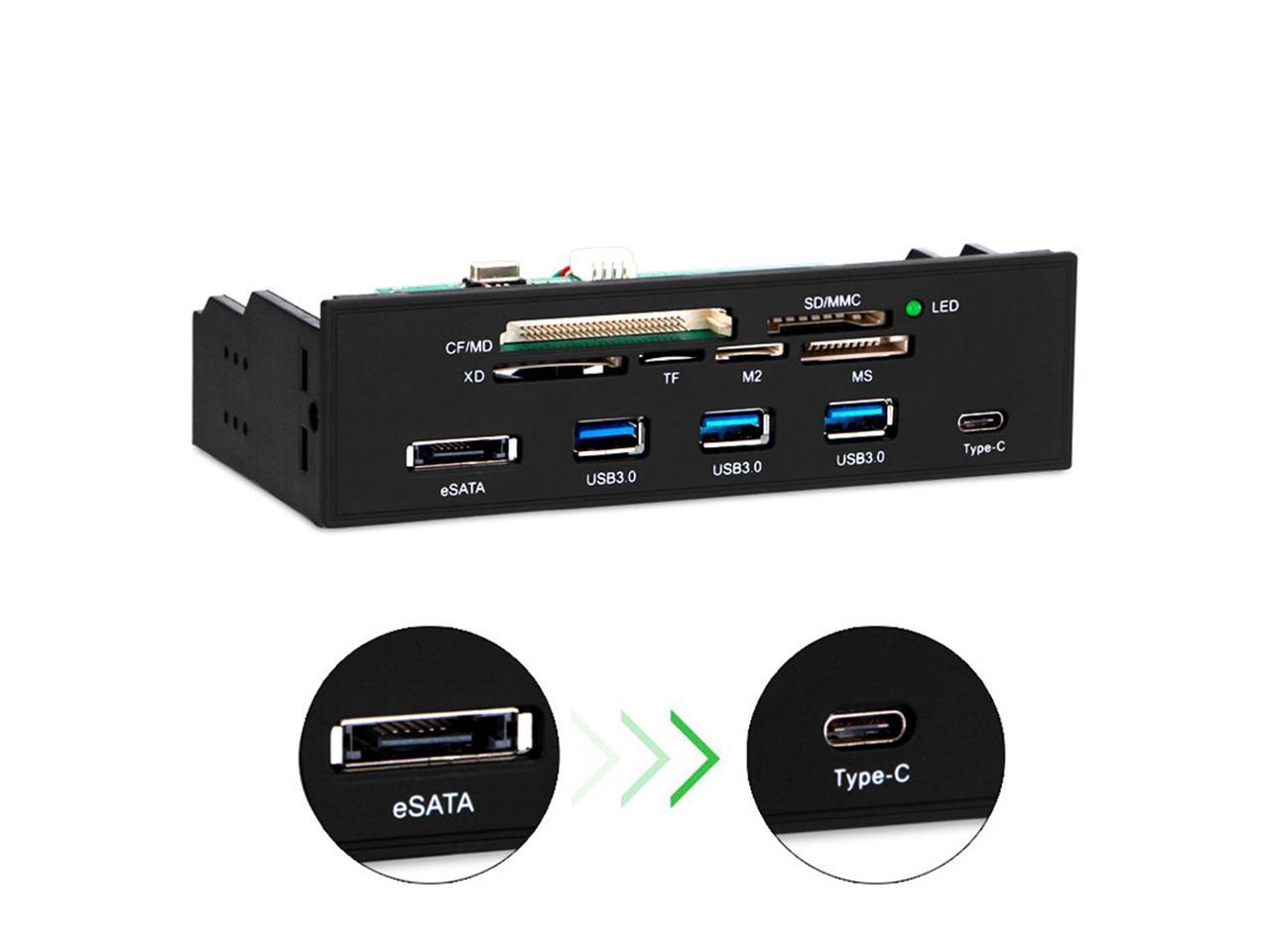 EnLabs U2CR5253U3CESATA Boîtier PC 5,25 pouces Panneau avant Lecteur de carte USB 2.0 multifonction tout-en-1 avec 3 ports USB3.0, Type-C, eSATA, prise en charge MD, SD / MMC, XD, TF, M2, MS, carte CF 64G