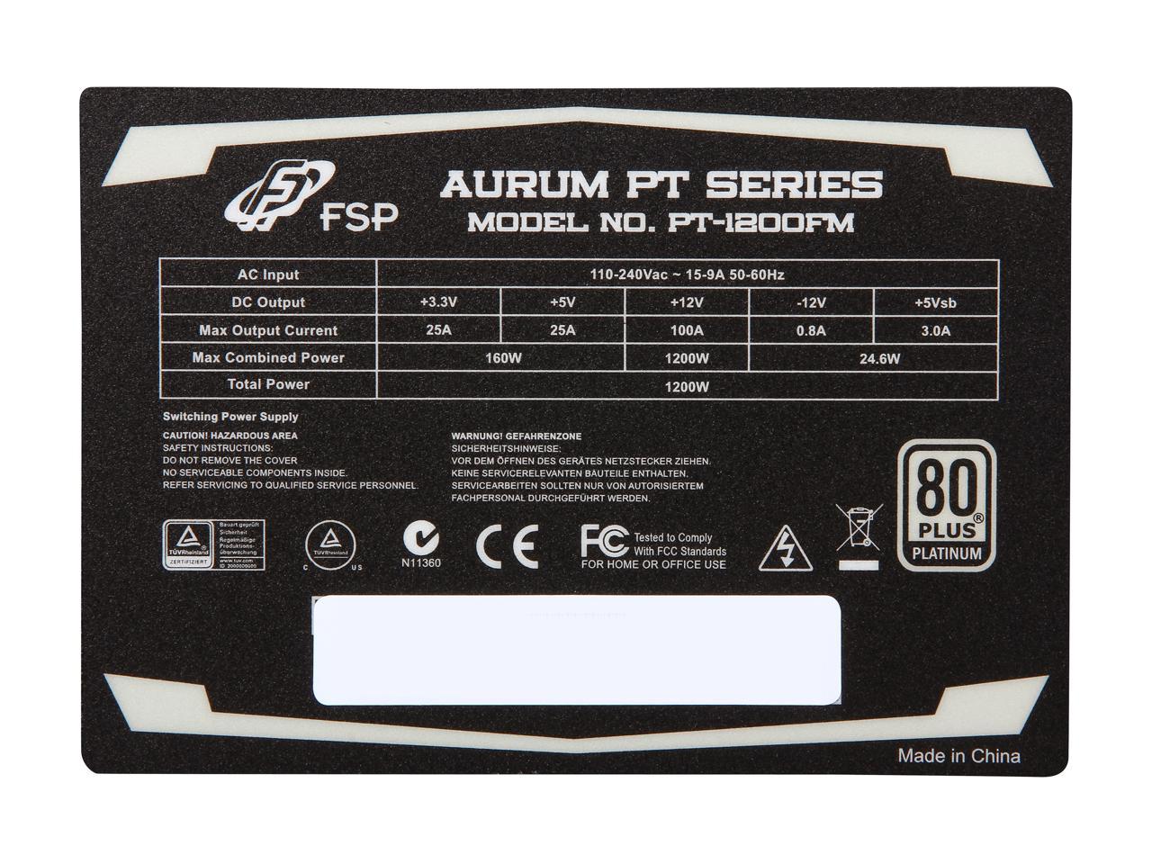 FSP Group AURUM PT Series 1200W (PT1200FM) ATX12V/EPS12V 80 PLUS PLATINUM Alimentation entièrement modulaire certifiée Nouveau processeur de 4e génération certifié Haswell Ready
