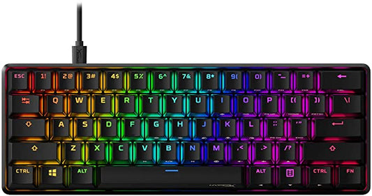 HyperX Alloy Origins 60 – Clavier de jeu mécanique, ultra compact, facteur de forme de 60 %, touches PBT à double tir, rétroéclairage LED RVB, compatible avec le logiciel Nauthenticity – Commutateur rouge linéaire HyperX, noir