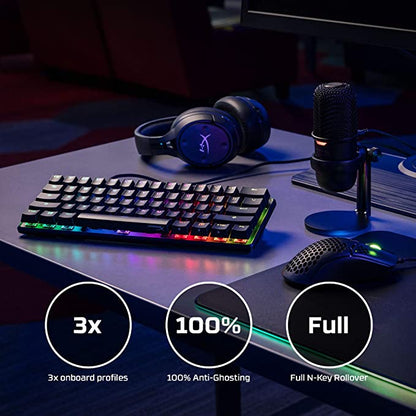 HyperX Alloy Origins 60 – Clavier de jeu mécanique, ultra compact, facteur de forme de 60 %, touches PBT à double tir, rétroéclairage LED RVB, compatible avec le logiciel Nauthenticity – Commutateur rouge linéaire HyperX, noir