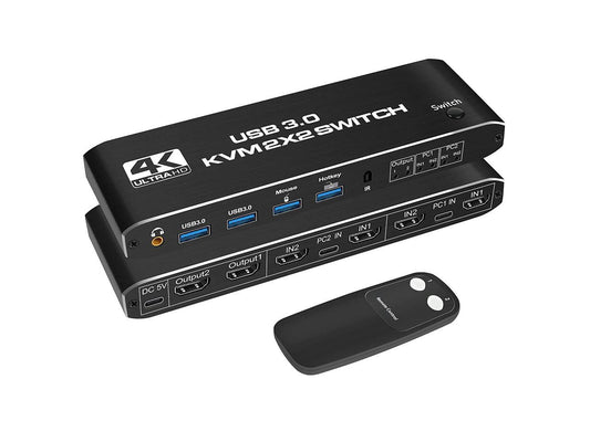 Commutateur KVM USB 3.0 2x2 2 moniteurs 2 ordinateurs 2 entrées 2 sorties, commutateurs KVM HDMI double moniteur 2 ports avec audio, clavier vidéo souris périphériques commutateur KVM prise en charge UHD 4K @ 60Hz, concentrateur USB 3.0, raccourci clavier