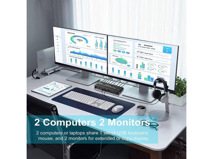 Commutateur KVM USB 3.0 2x2 2 moniteurs 2 ordinateurs 2 entrées 2 sorties, commutateurs KVM HDMI double moniteur 2 ports avec audio, clavier vidéo souris périphériques commutateur KVM prise en charge UHD 4K @ 60Hz, concentrateur USB 3.0, raccourci clavier