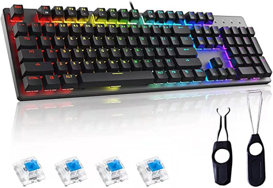 Clavier de jeu mécanique bleu avec interrupteur 104 touches pleine taille, KITCOM RVB rétroéclairé à chaud par touche, touches ABS double shot, programmables, macro détachables, clavier filaire de type C pour ordinateur portable Windows et PC