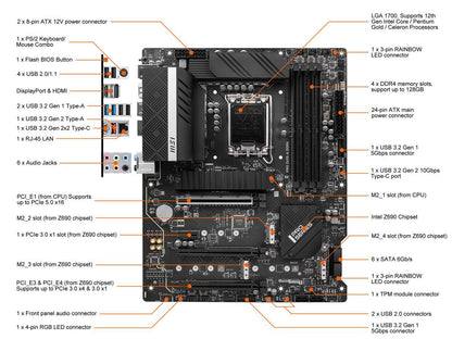 Carte mère MSI PRO Z690-A DDR4 ATX - compatible avec les processeurs Intel Core 12ème génération, LGA 1700 - 14 Duet Rail 55A VRM, DDR4 Boost (5200MHz OC), 1x PCIe 5.0 x16, 3 x M.2 Gen4 x4, 4K/60Hz HDMI, Réseau local 2.5G