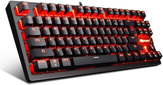 Magegee Clavier de jeu mécanique MK1 - Clavier mécanique rétroéclairé à LED rouge - Petit clavier d'ordinateur mécanique compact 87 touches en métal filaire USB équivalent bleu pour les joueurs Windows - Noir