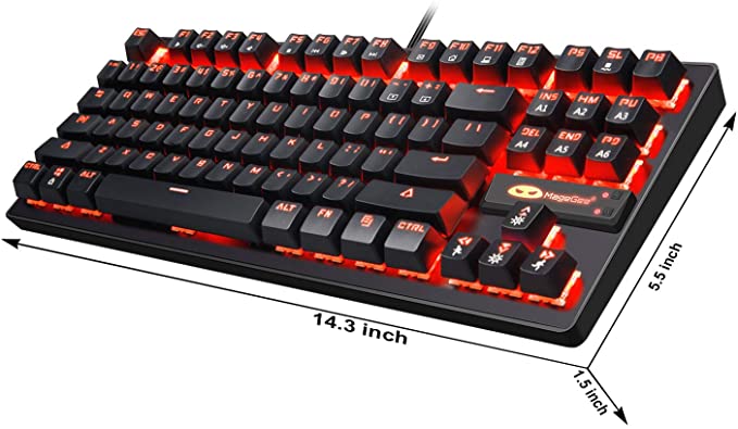 Magegee Clavier de jeu mécanique MK1 - Clavier mécanique rétroéclairé à LED rouge - Petit clavier d'ordinateur mécanique compact 87 touches en métal filaire USB équivalent bleu pour les joueurs Windows - Noir