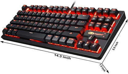 Magegee Clavier de jeu mécanique MK1 - Clavier mécanique rétroéclairé à LED rouge - Petit clavier d'ordinateur mécanique compact 87 touches en métal filaire USB équivalent bleu pour les joueurs Windows - Noir