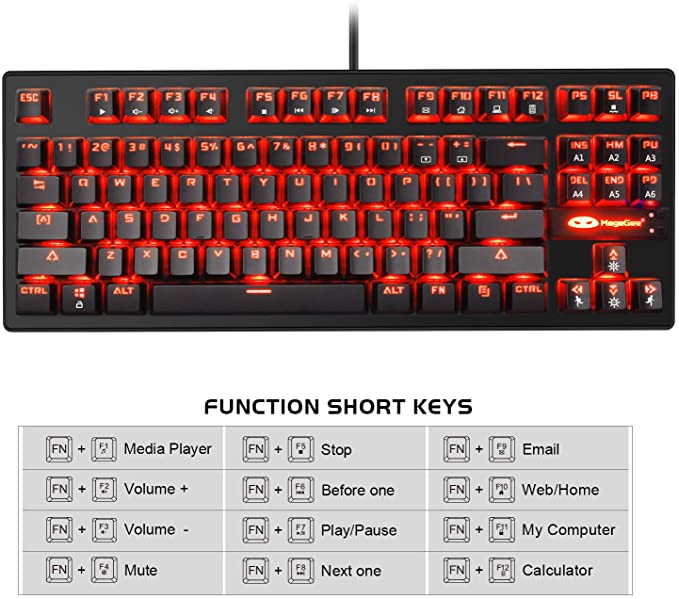 Magegee Clavier de jeu mécanique MK1 - Clavier mécanique rétroéclairé à LED rouge - Petit clavier d'ordinateur mécanique compact 87 touches en métal filaire USB équivalent bleu pour les joueurs Windows - Noir