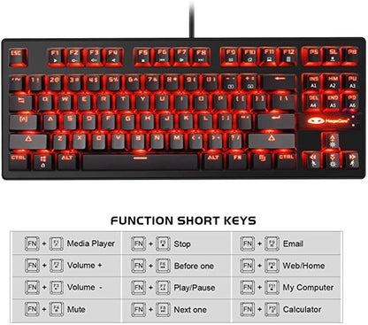 Magegee Clavier de jeu mécanique MK1 - Clavier mécanique rétroéclairé à LED rouge - Petit clavier d'ordinateur mécanique compact 87 touches en métal filaire USB équivalent bleu pour les joueurs Windows - Noir